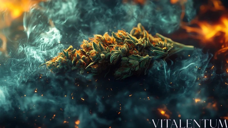 Ember-kissed cannabis blossom drifting through neon smoke.