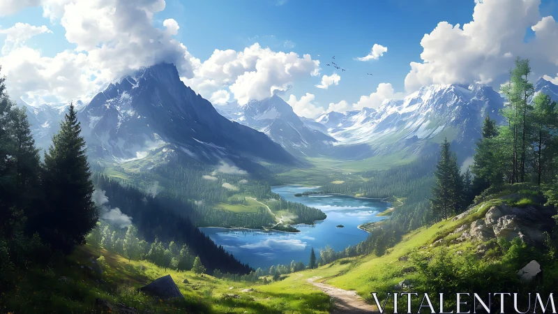 Digital alpine valley with bright lake and snow peaks.