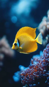 Yellow reef fish glides above coral in deep blue water.