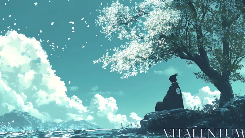 Solitary figure under spring tree beside calm water.