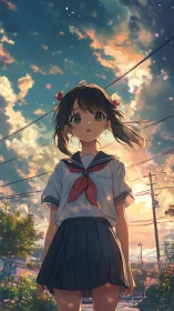 Schoolgirl under vivid evening sky on quiet street.