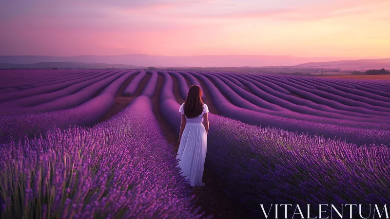 Woman in white wandering through glowing sunset lavender rows.