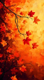 Crimson maple leaves swirling in radiant autumn light.