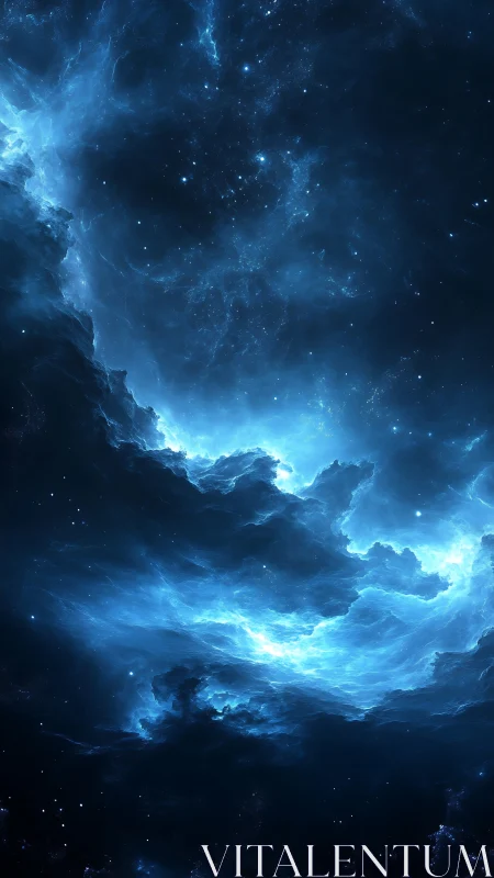 Luminescent blue nebula clouds in deep cosmic void.