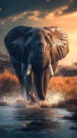 Stormstride elephant charges through sunset river firelight.