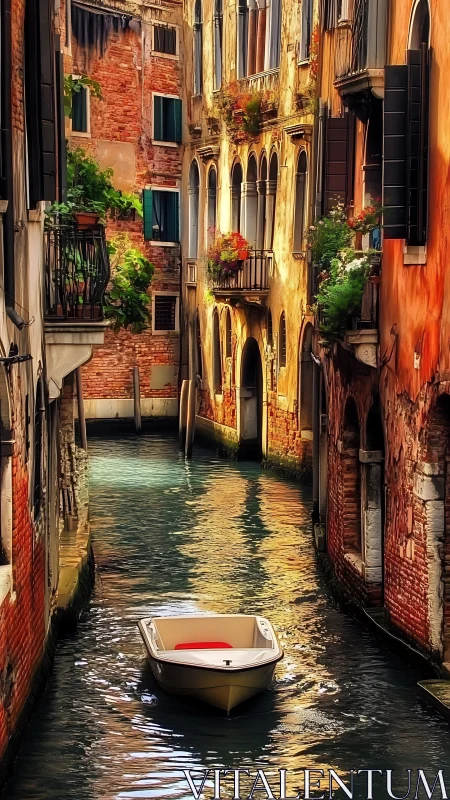 Sunlit Venetian canal with single moored boat and aged facades