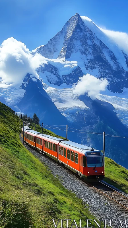 Scarlet mountain train glides beneath towering alpine giant.
