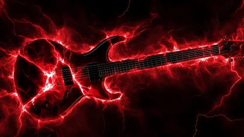 Electric guitar ignites in red lightning against dark void