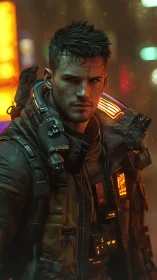 Neon city wanderer studies the night with quiet resolve