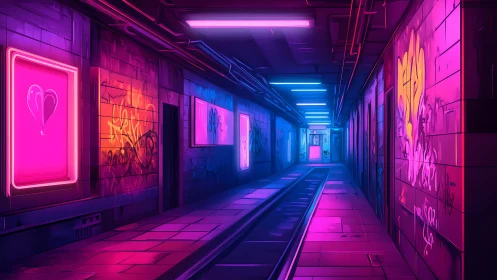Neon graffiti subway tunnel in high-saturation cyberpunk style.