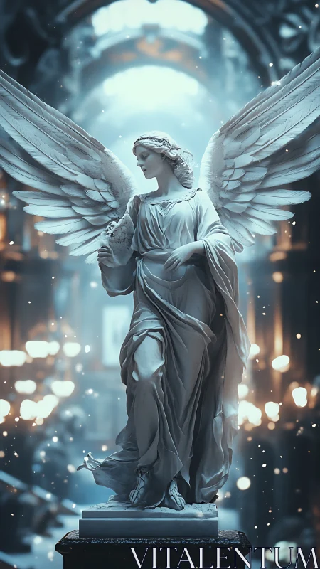 Marble angel statue in softly lit cathedral interior.