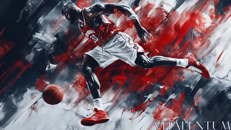 Basketball player in midair over abstract red backdrop.