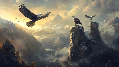 Majestic eagles soaring above dramatic mountain cliffs at sunrise.