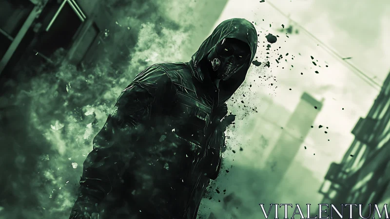 Tactical hooded revenant dissolving in particulate smog field.