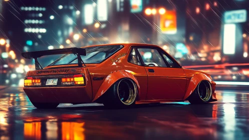 Modified orange coupe on wet neon city street at night.