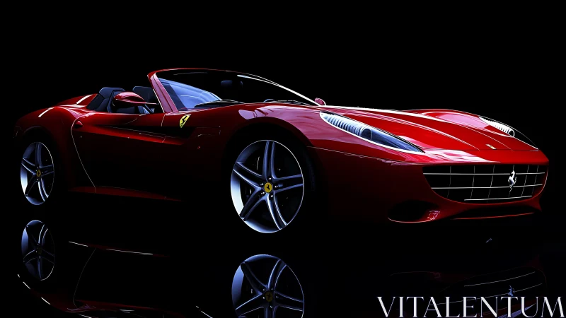 Ferrari-style red convertible glows against deep black backdrop.