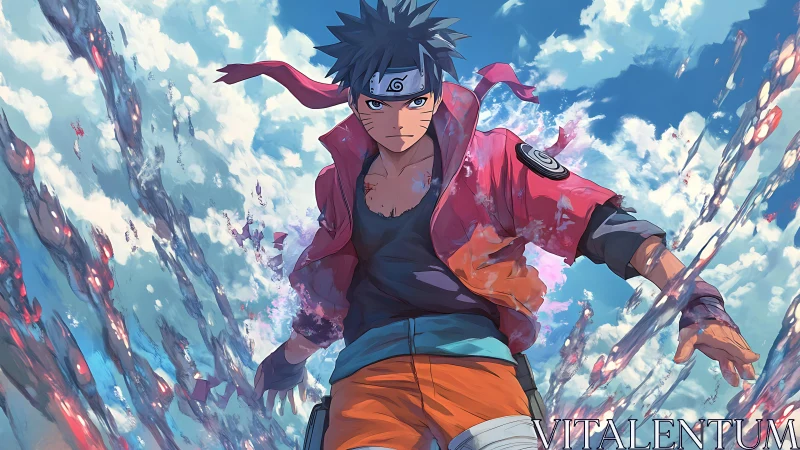 Dynamic anime ninja mid-air charge with trailing energy arcs