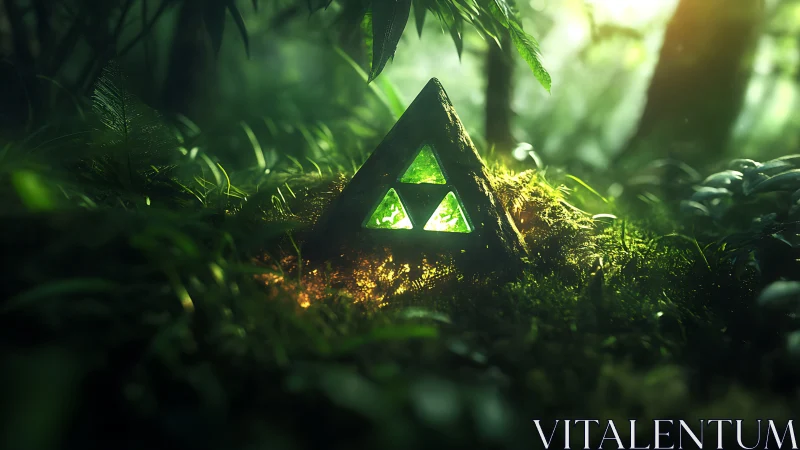 Glowing triangular relic embedded in dense forest floor.