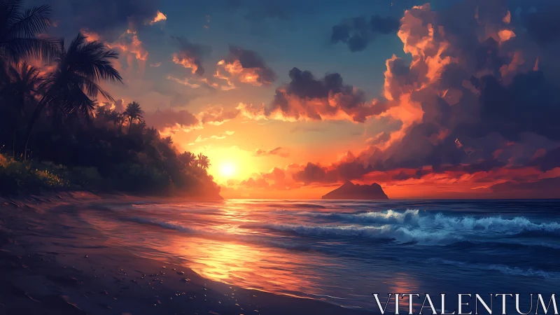 Sunset surf polishes a tropical shore in molten citrus light