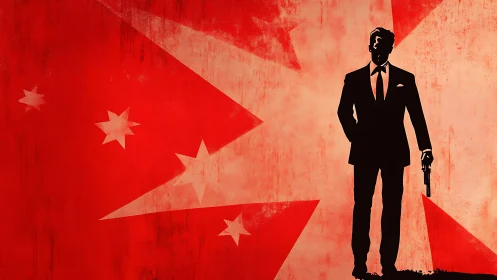 Silhouette secret agent over bold red geometric field.