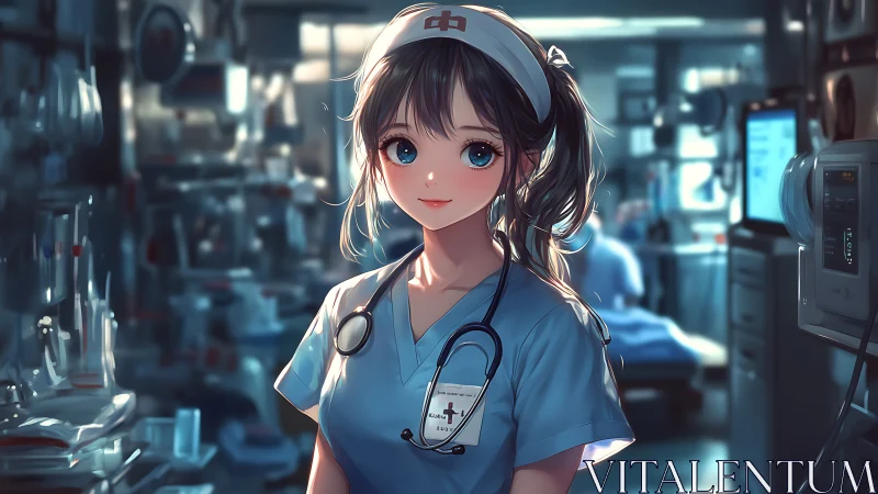 Anime nurse stands in glowing ICU environment, poised.