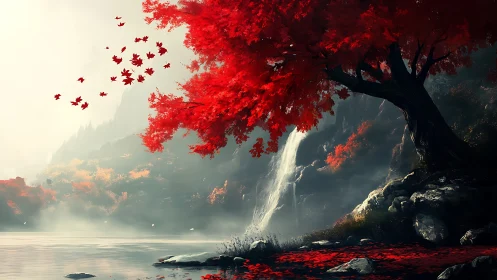 Scarlet leaves orchestrate a quiet waterfall’s hidden song