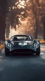 Vintage race car glows against sunlit forest backdrop.