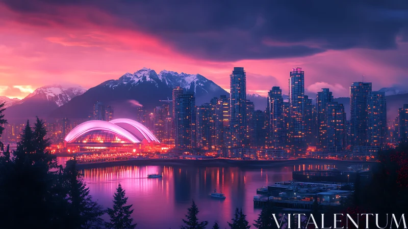 Cozy neon city harbor glowing beneath peaceful twilight skies.