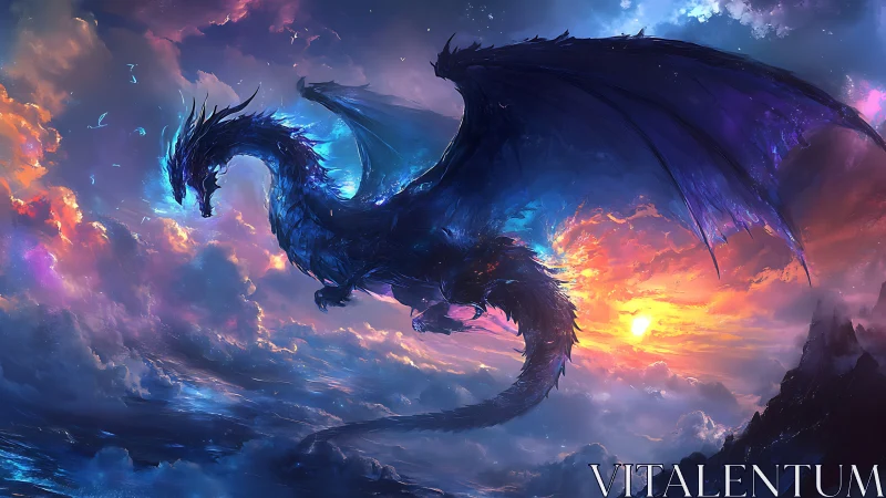 Bioluminescent sky dragon glides across volumetric sunset clouds
