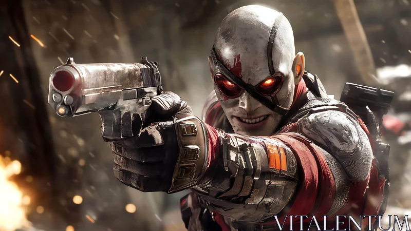 Ballistic cyborg marksman with glowing ocular targeting system.