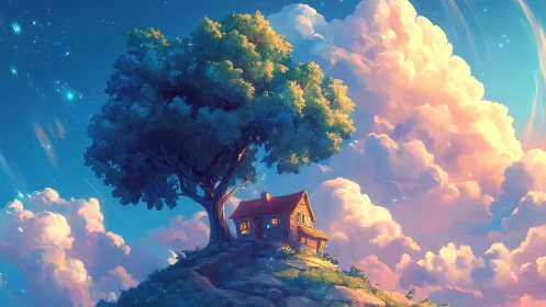 Small hilltop cabin under large glowing tree at dusk.