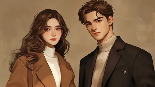 Contemporary digital portrait depicting two characters in neutral pose against warm backdrop.