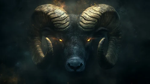 Horned ember sentinel with blazing celestial gaze.