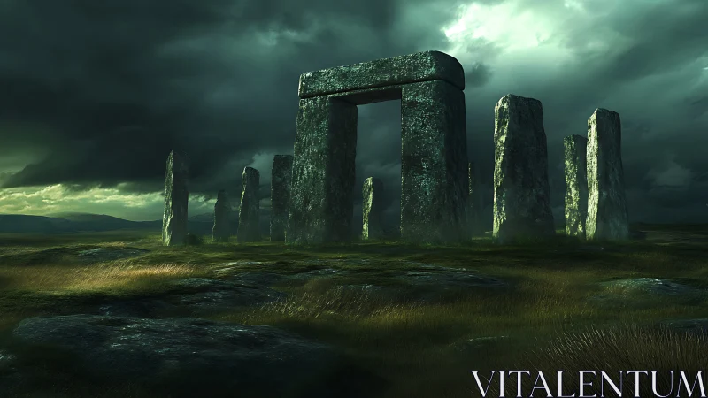 Ancient stone circle looms under storm-dark, mystical skies