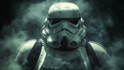 Armored sci-fi soldier helmet emerges through drifting smoke