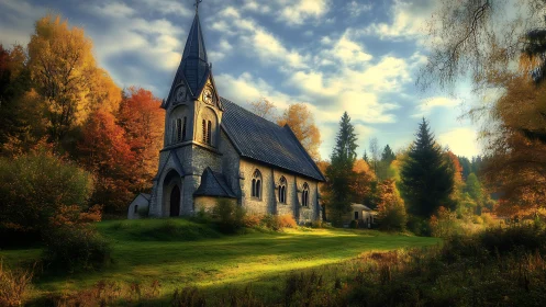 Digital pastoral church in autumnal forest landscape composition.
