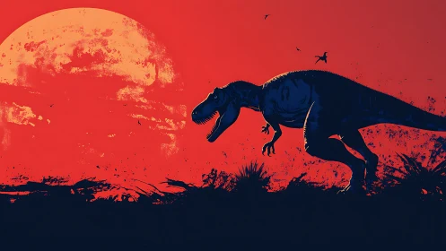 Silhouetted tyrannosaur traversal against oversized eroded sun.