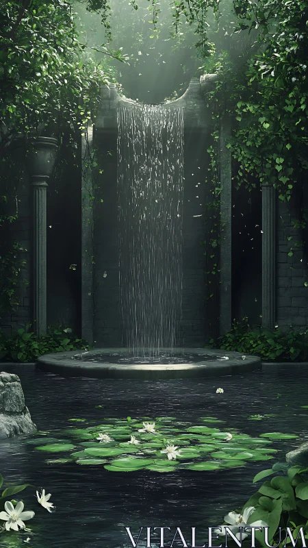 Secret ivy-wrapped waterfall garden with quiet lily pond.