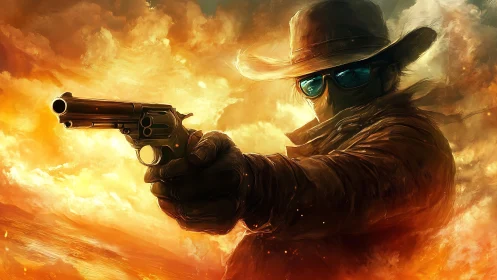 Ballistic cowboy gunslinger in eruptive chromatic firestorm.