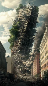Urban tower mid-collapse as hidden forest breaks free.