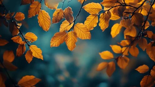 Vibrant autumn leaves on branches in soft focus, moody nature style.