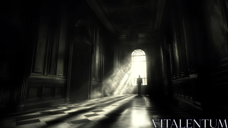Lone silhouette stands in sunlit corridor of dark mansion
