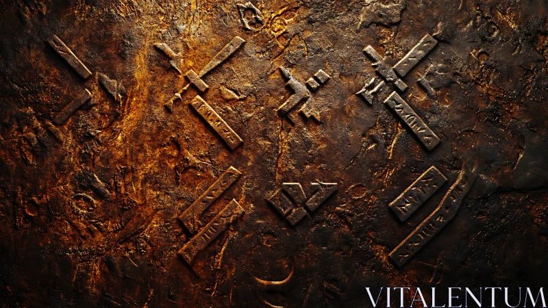 Engraved metallic symbols on textured rusted surface.
