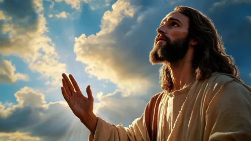 Figure in robe raises hand under backlit clouds and sunrays