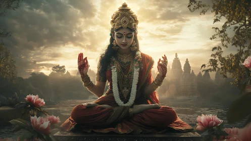 Hindu goddess in meditation before temple at sunset scene.