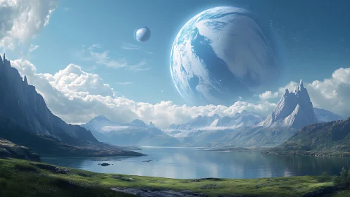 Planetary landscape shows water, mountains and large moon