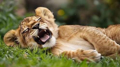 Sleepy lion cub mid-yawn on sunlit green grass.