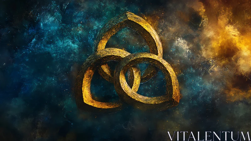 Interlocked golden rings against deep cosmic nebula backdrop.