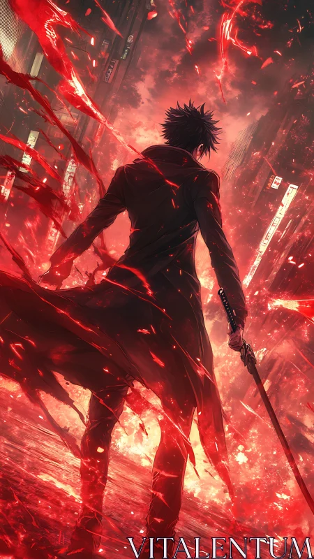 Storm-lit swordsman strides through a blazing neon night