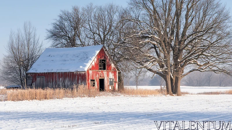 Weathered red barn stands beside leafless trees in snow